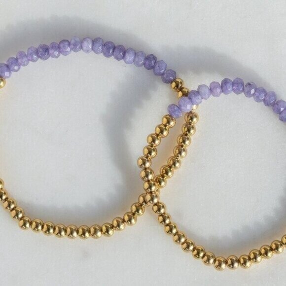 Purple Gemstone Stretch Bracelet Waterproof Gold Gemstone Stretch Bracelet Stack - Picture 4 of 8